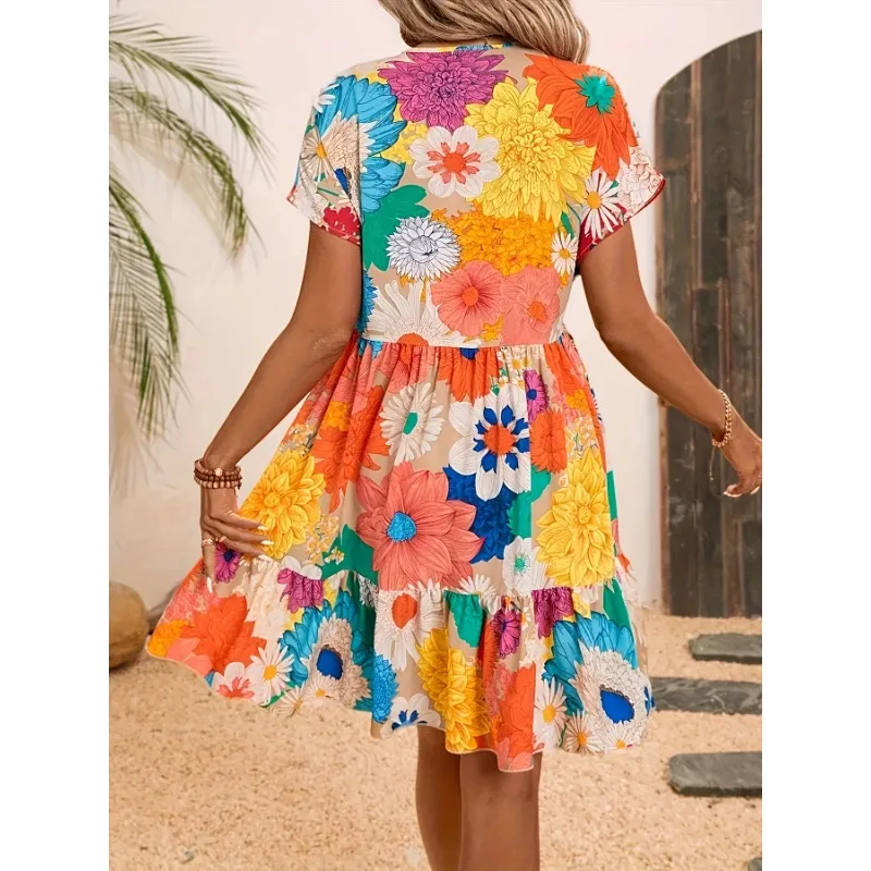 Abito da donna con stampa floreale con scollo a V alla moda taglie forti 1XL-5XL Abito casual elegante e confortevole da donna