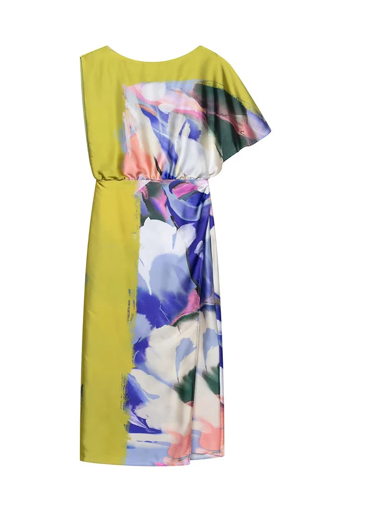 

KUCLUT Women Fashion Printed Pleated Front Slit Asymmetrical Midi Dress Vintage O-Neck One Shoulder Female Chic Lady Dresses