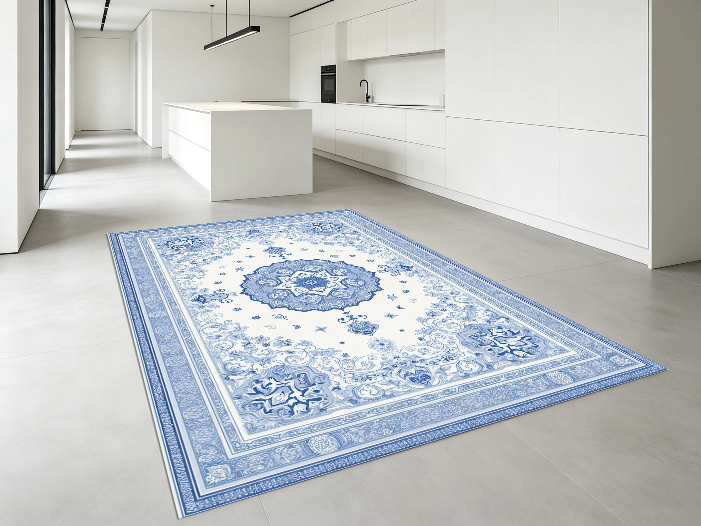 2D Large Rug in Off-White & Blue Tones, European Retro Style, Soft & Skin-Friendly, for Living Room & Bedroom