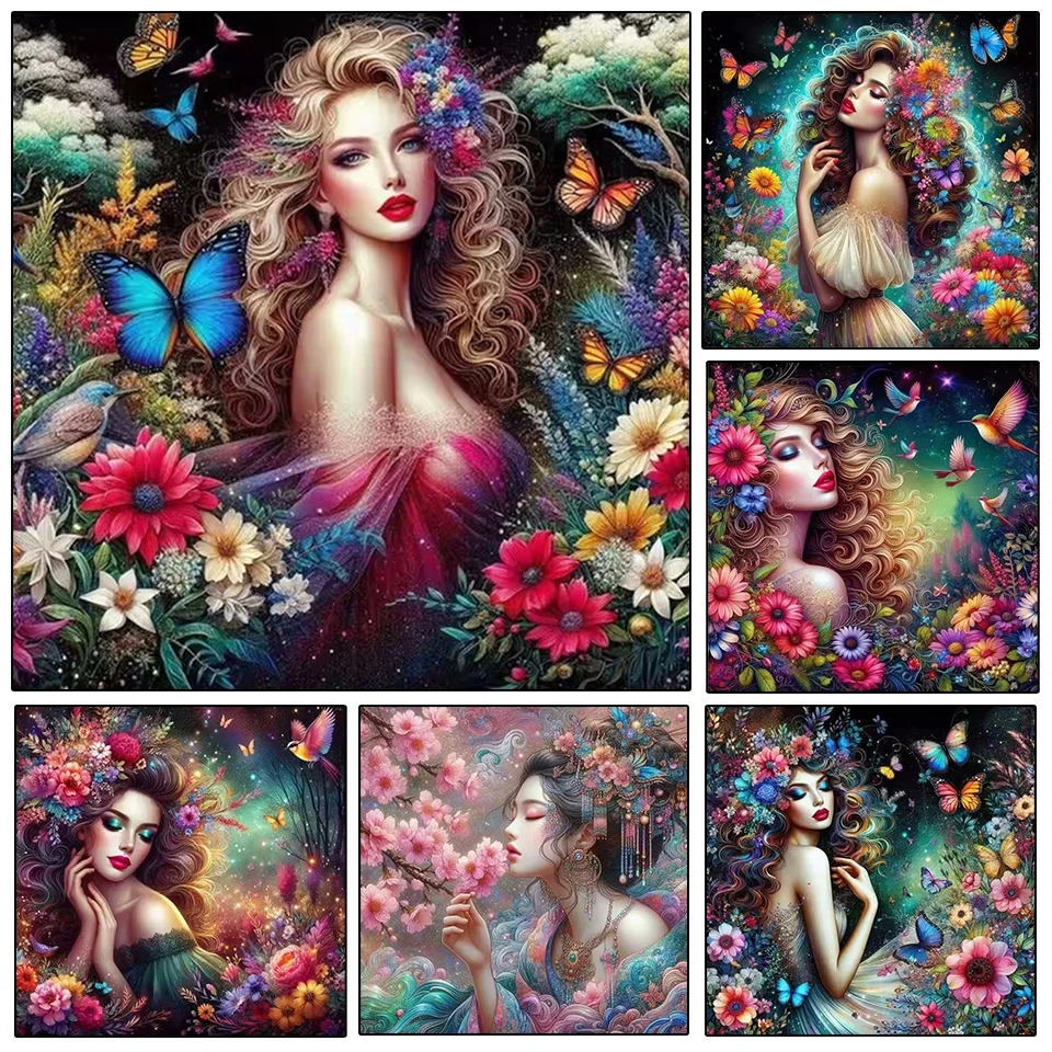 

DIY Diamond Painting 2024 New Beautiful Woman and Flower Butterfly Embroidery Full Diamond Mosaic Portrait Cross Embroidery