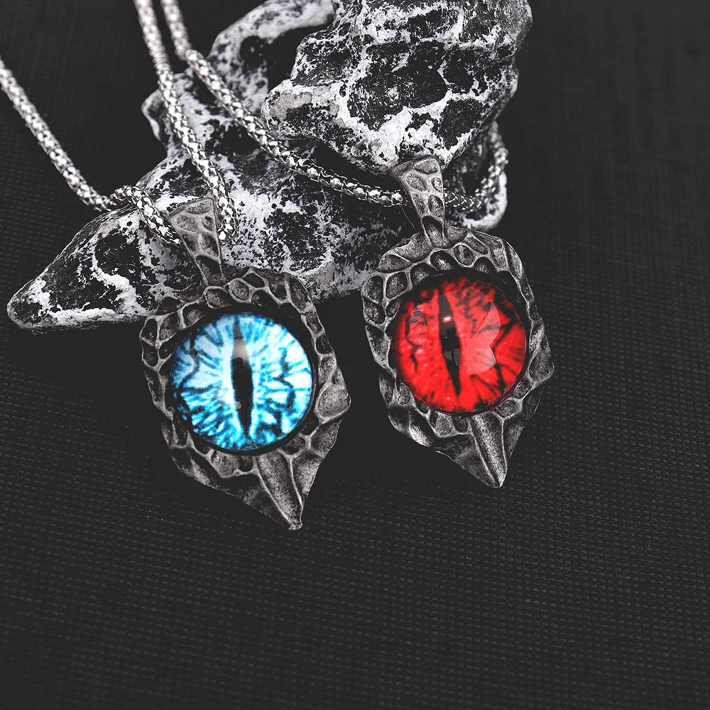 Hip-Hop New Trendy Red Eye Stone Inlaid Pendant Necklace Eye of The Devil Pendant Men\'s Character Retro Devil Eye Pendant Chain