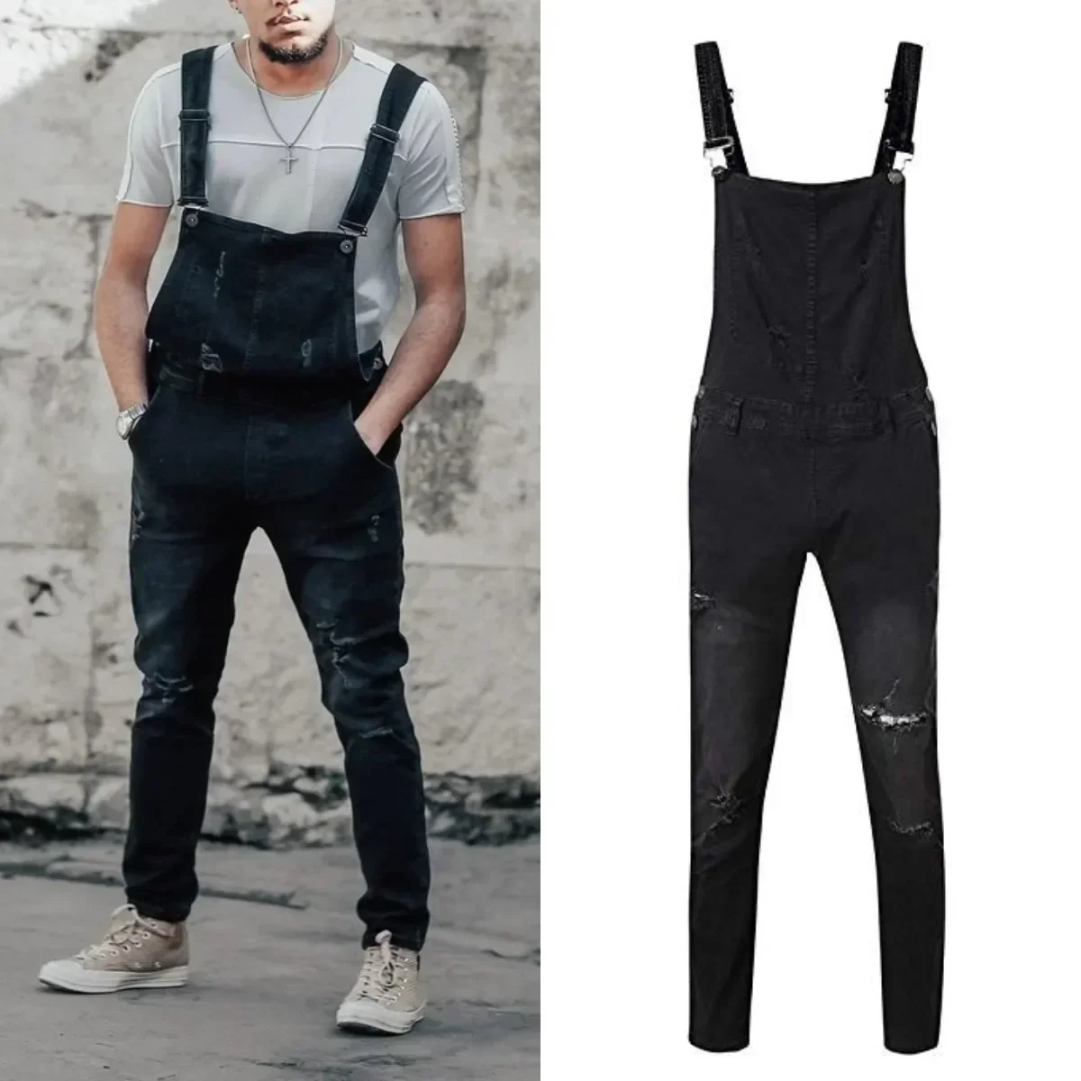 Men’s Casual Trendy Washed Vintage Solid Color Hole Patched Jeans Overalls Pants 2025 New Fashion Male Slim Denim  Trousers