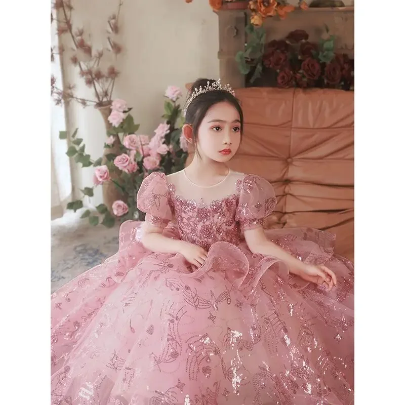 Elegant Sequin Lace Puffy Flower Girl Dresses Short Sleeve Princess Dress Tulle Beading Cute Kids Dress Baptism Pageant Vestidos