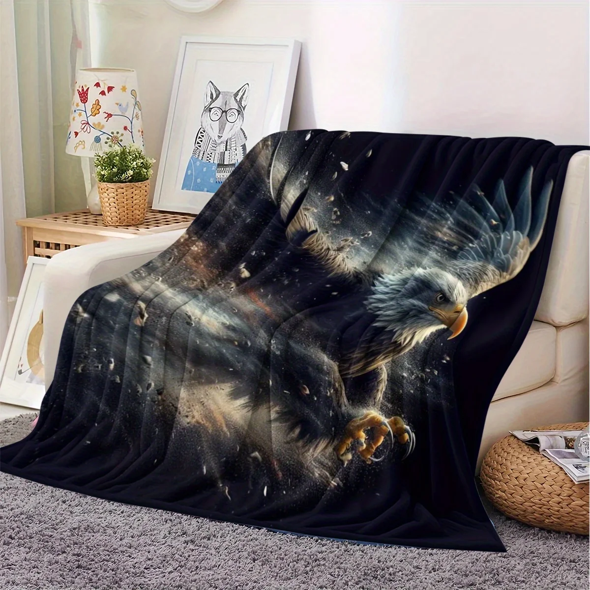 Majestic Soaring Bald Eagle Blanket Aggressive Hunting Eagle In Dramatic Dark Storm Wind‑swept Scene Soft Flannel Throw Blanket