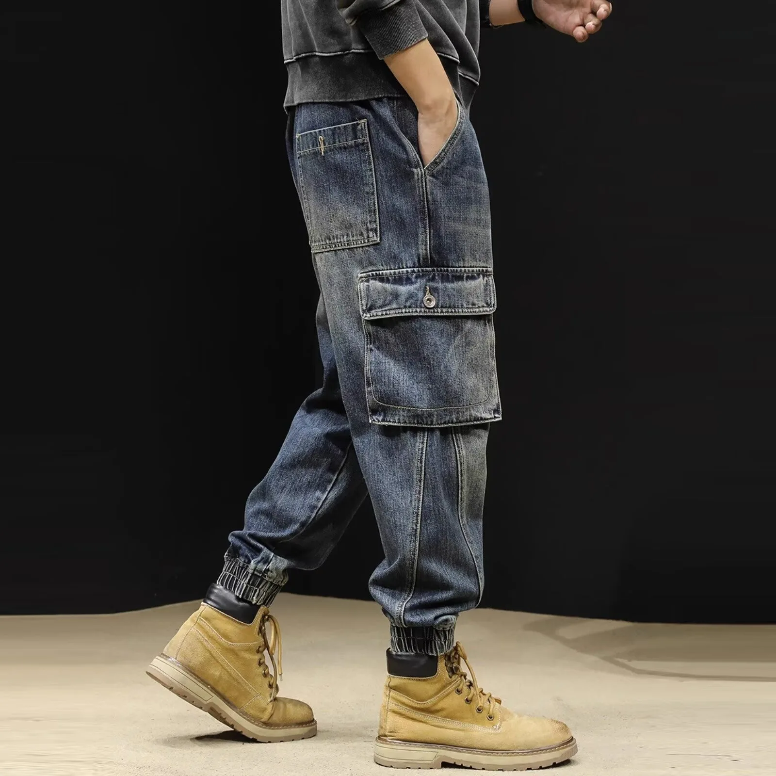 American Tooling Jeans Men's Spring Multi-Pocket Loose Straight Pants Trousers