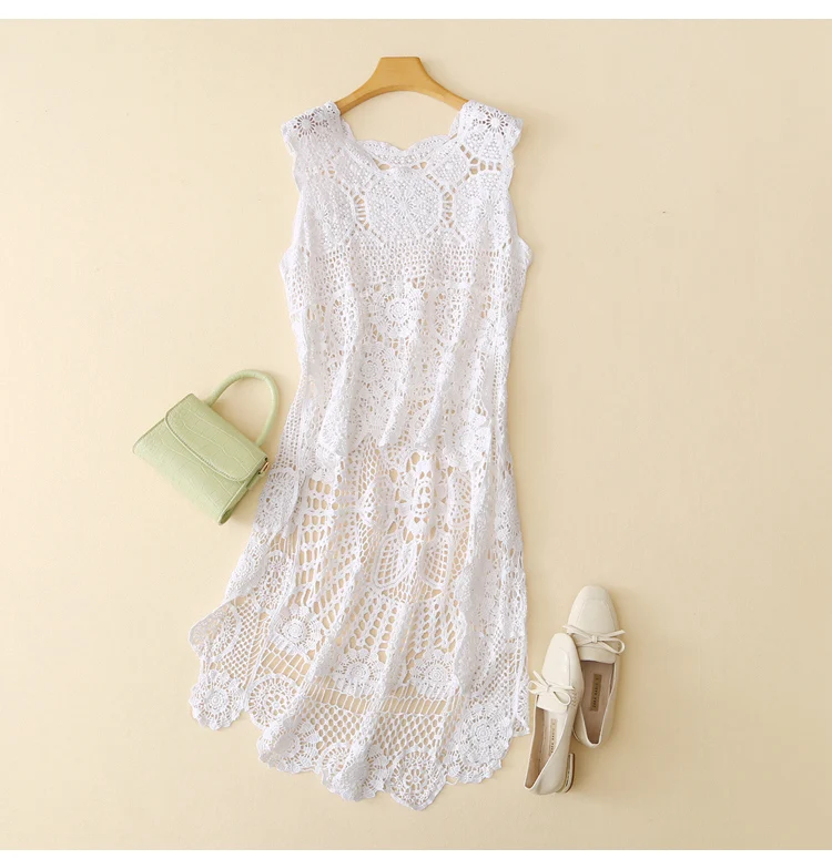 

OUMEA Cotton Crochet Tank Dress Floral Embroidery Sleeveless High-Low Hem Midi Beach Openwork Dress Asymmetrical Casual Dress