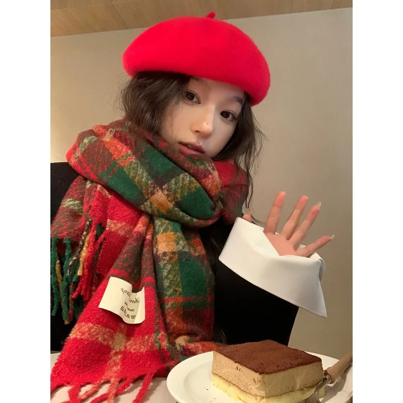 2023 Christmas Scarf Winter Warm Female Korean Version of Simple Versatile New Year\'s Gift To Give Red Tassel Plaid Scarfs