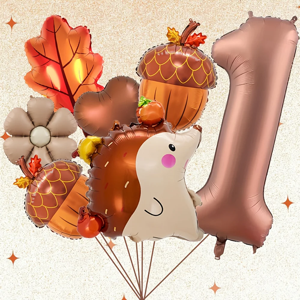 7 Stück Herbst Tannenzapfen Igel Ballon Set 32 Zoll Braun Nummer 1-9 Geburtstagsballon Thanksgiving Party Dekoration Foto Requisiten – Detail 1