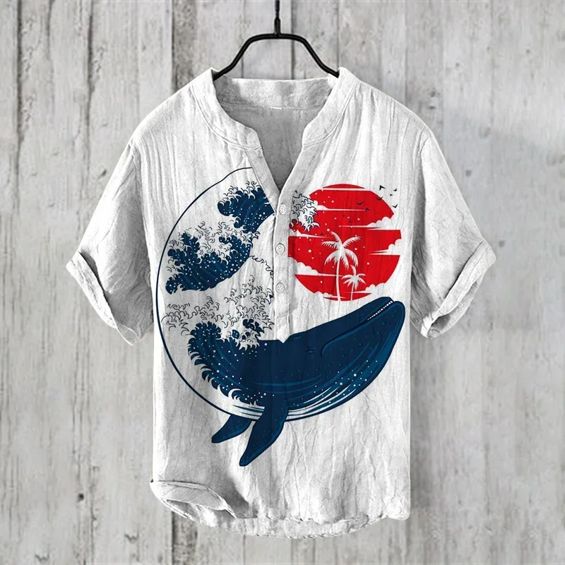 Men's Hawaiian Art Print Ocean Animal Series 3D Digital Printing Casual Loose Short Sleeve Button Shirt