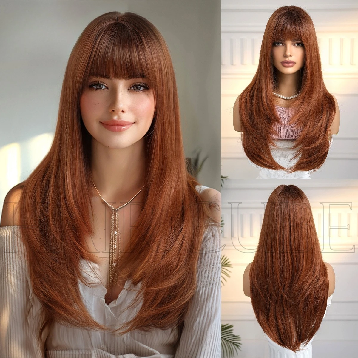 

Wig Long Hair Headgear Qi Bangs Medium Long Straight Hair Orange Natural Wig