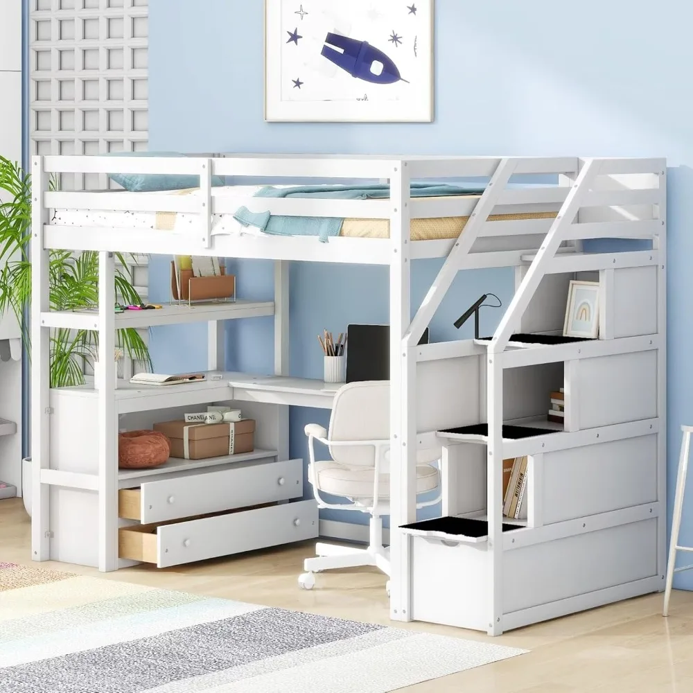 

Solid Wood Twin Loft Bed with Staircase and Desk, Storage Stairs High Loft Bed Frame