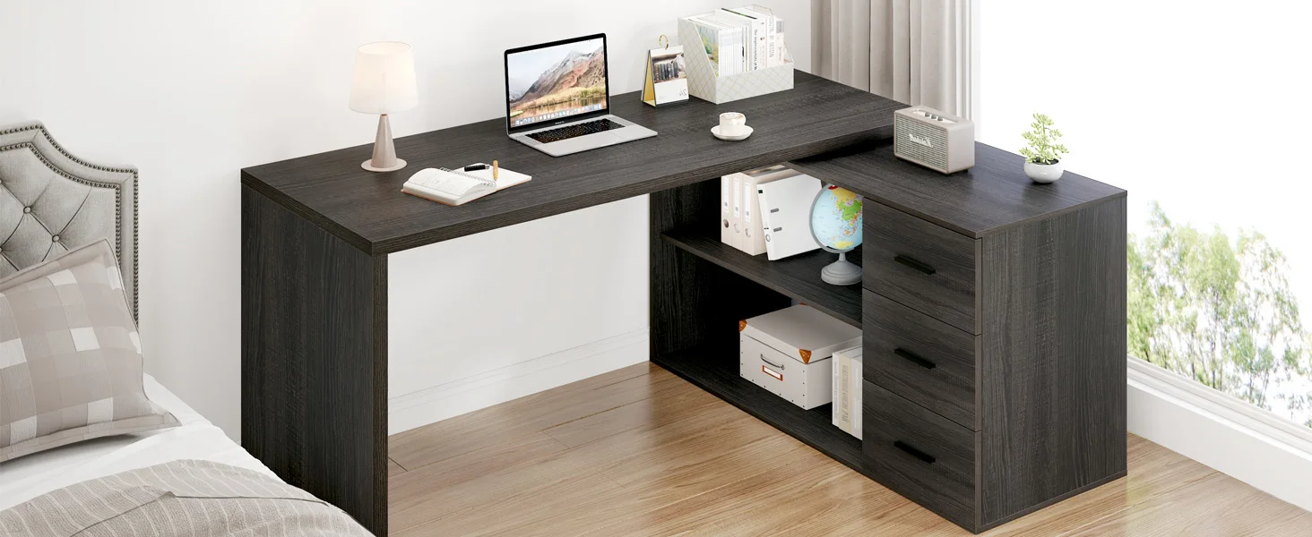 HSH L Shaped Computer Desk with Drawers, L Shaped Desk with Storage Cabinet Shelves