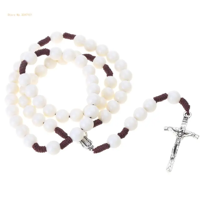 Handmade Round Acrylic Bead Rosary Necklace Catholic Religious for Cross Jesus Crucifix Pendant Necklaces for Men Women Dropship