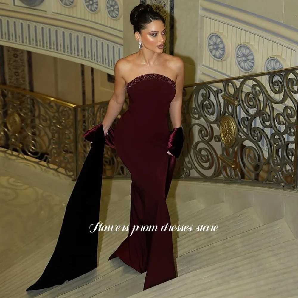 

Flowers Mermaid Party Dress Strapless Evening Dress with Scarf Crepe Formal Vestido De Novia فستان سهرة Arabic Women Customized