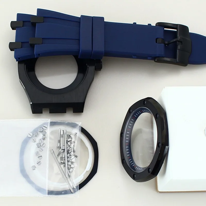 Pulseira de borracha de vidro de safira de aço inoxidável 316L modelo carvalho modificado para relógio mecânico automático NH35