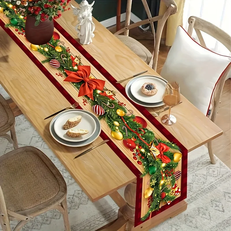 Red Plaid Christmas Table Runner, Golden Bows Pine Cones Design, Rectangular Tablecloth, Xmas Home Kitchen Party Table Decor