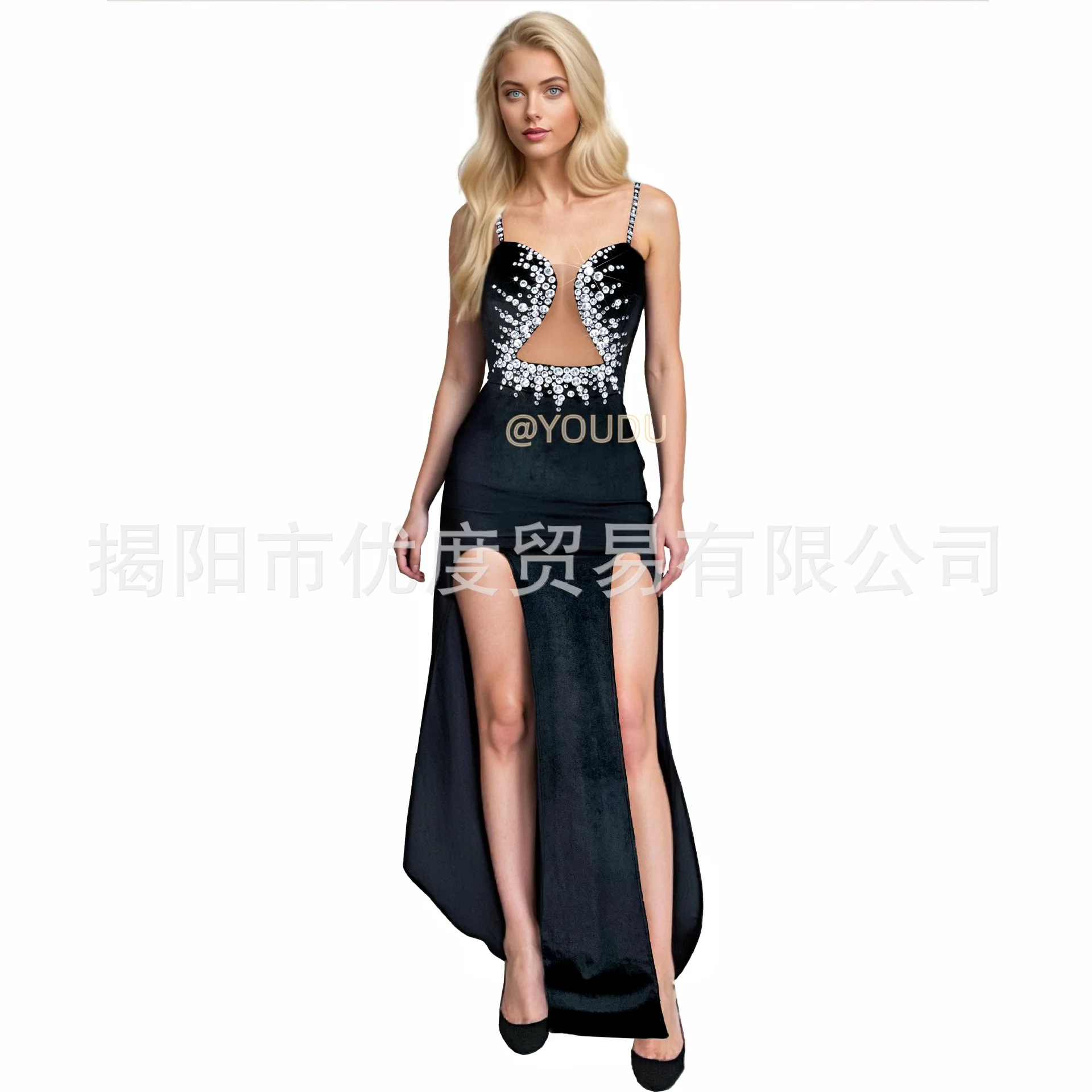 

Personality High Sense Black Design Bright Rhinestone Suspender Dress Cocktail Party Performance Clothes Hedgehog Birthday Dress