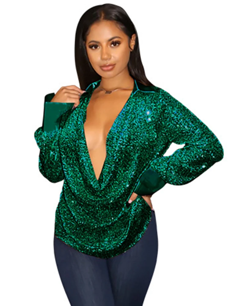 

Szkzk Sequin Blouse Top Deep V-Neck Night Club Outfits Women Pullover T-Shirt Tops Party Evening Clubwear Long Sleeve Sexy Tops