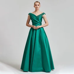 Emerald Green Satin Evening Dress for Women 2023 Off the Shoulder A Line Gown Long V Neck Beaded Luxury Prom Party