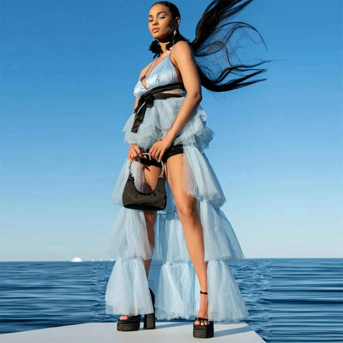 

Light Blue High Low Tulle Dress with Black Sash Spaghetti Strap Satin Top Tiered Sheer Maxi Party Gown