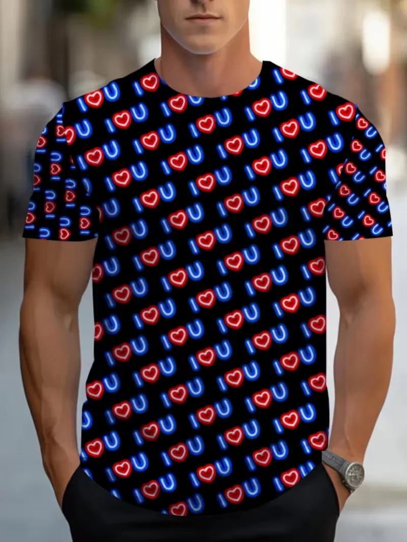 Men'S 3D Digital Print T-Shirt LOVE Graphic Tee Round Neck Casual Shirt For Everyday & Formal Wear Summer Short Sleeve Tees