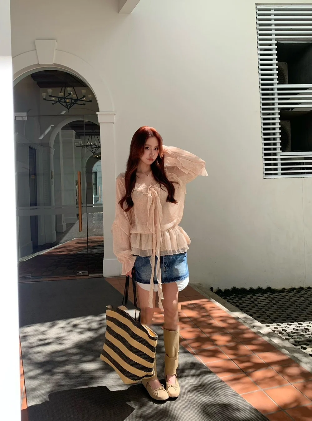 

Cleanfit Style Long Sleeve Chiffon Shirt Belted Waist Slimming Versatile Spring New Design Lace Trim Shirt for Women
