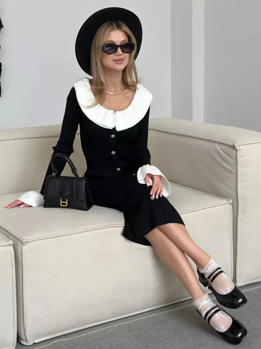 Fashion Knit Patchwork Long Dress Women's Ruffled Slim Elegant Contrast Ribbed Party Dress Knitwear Autumn Maxi Dress New