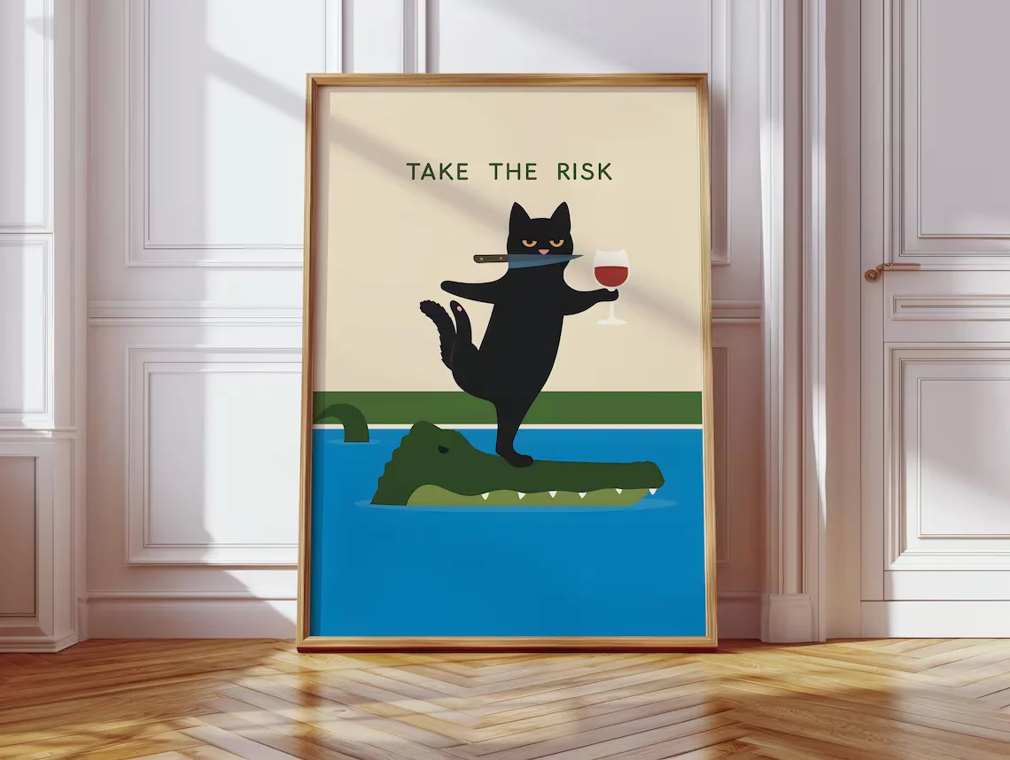 Rebel Motivational Cat Wall Art - Clean Graphic Print of a Confident Cat Embracing Danger, Blending Dark Humor with a Message
