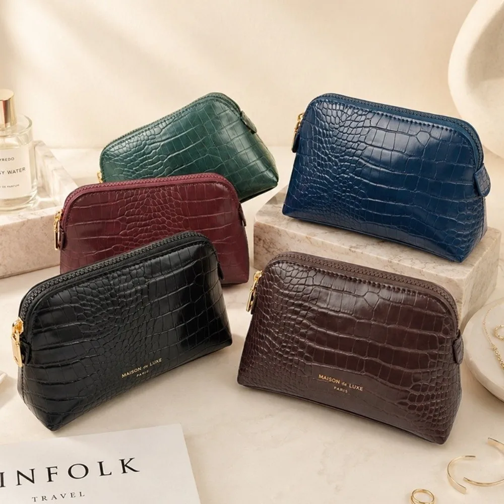 Vintage Crocodile Pattern Cosmetic Bag Zipper Closure Solid Color Make Up Bag PU Leather Portable Storage Pouch For Women