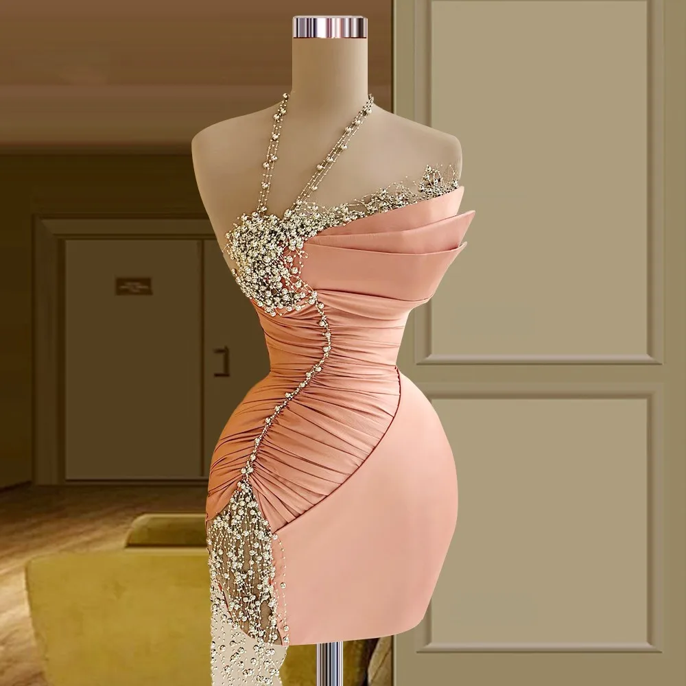 

Pink Cocktail Dresses Sheath Halter Short Mini Beaded Party Homecoming Dresses Haute Couture