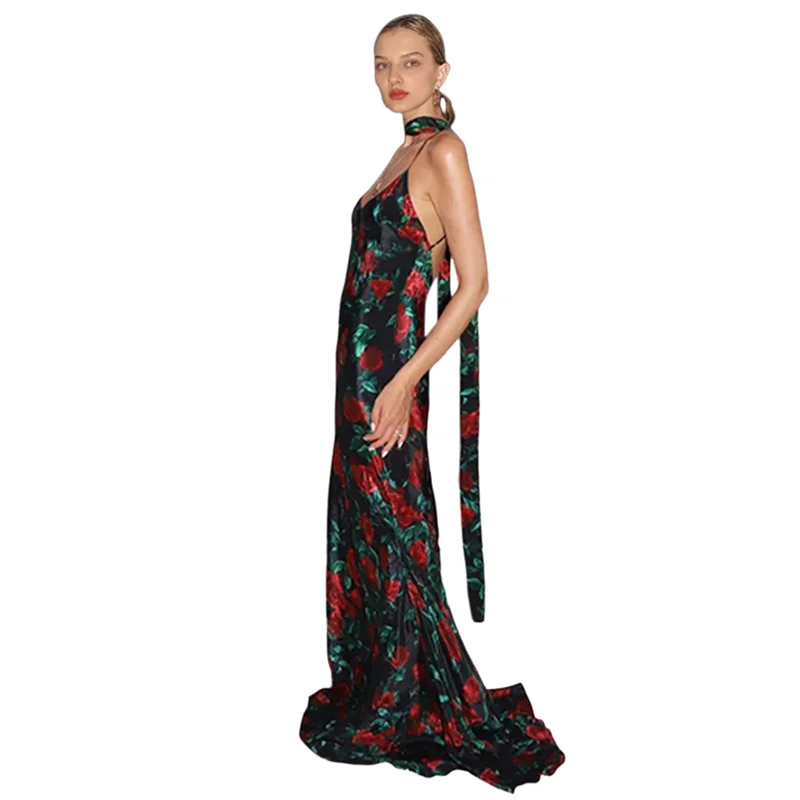 CGS-robe Maxi moulante pour femmes, bretelles d'été, imprimé Floral, moulante, soirée, Club, dos nu