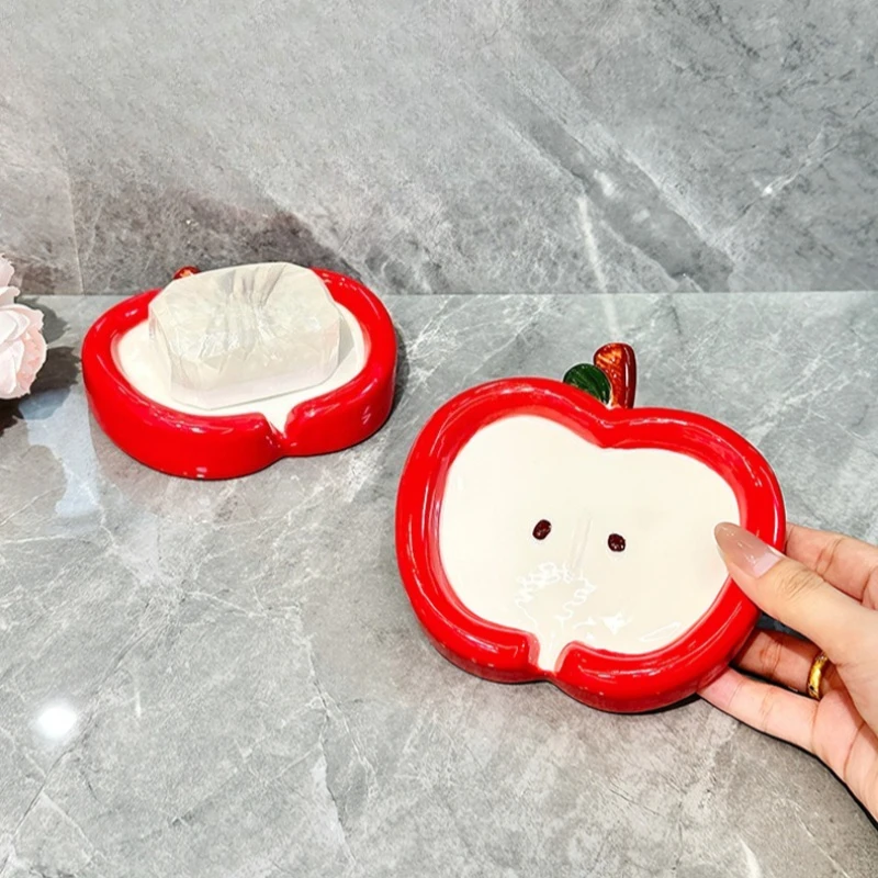 Creative Apple Shaped Ceramic Soap Dish Drainable Bathroom Sink Soap Holder Cute Home Decor