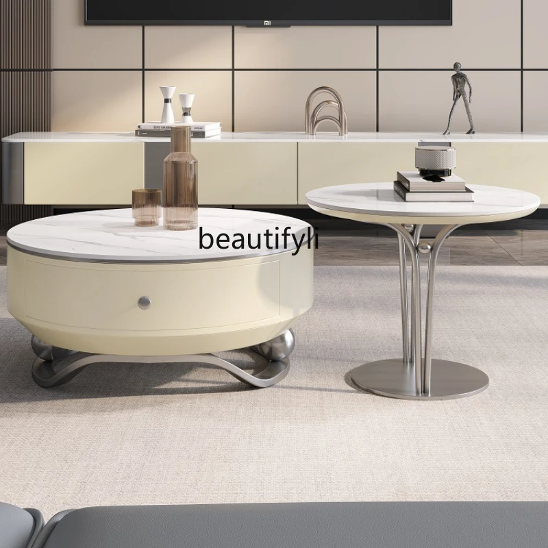 

Italian Light Luxury Stainless Steel Oval Stone Plate Designer Home Living Room Artistic Sense Modern Simple Coffee Table