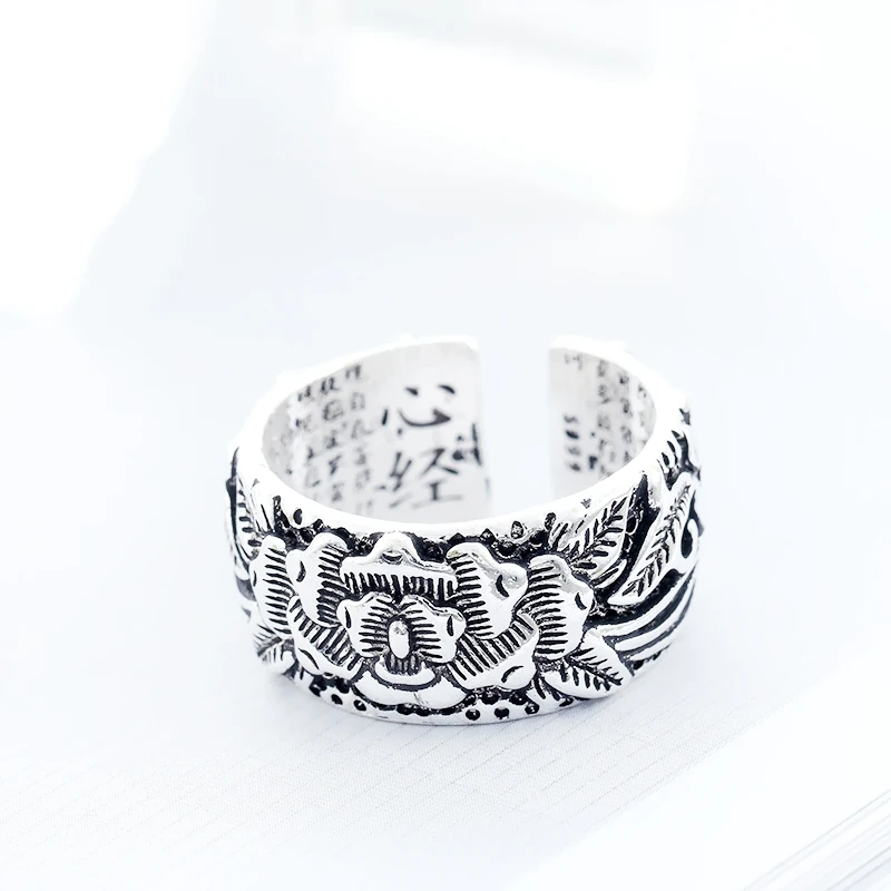 Sole Memory Original Buddhism Scripture Lotus Bodhi Peace 925 Sterling Silver Female Resizable Opening Rings RI285