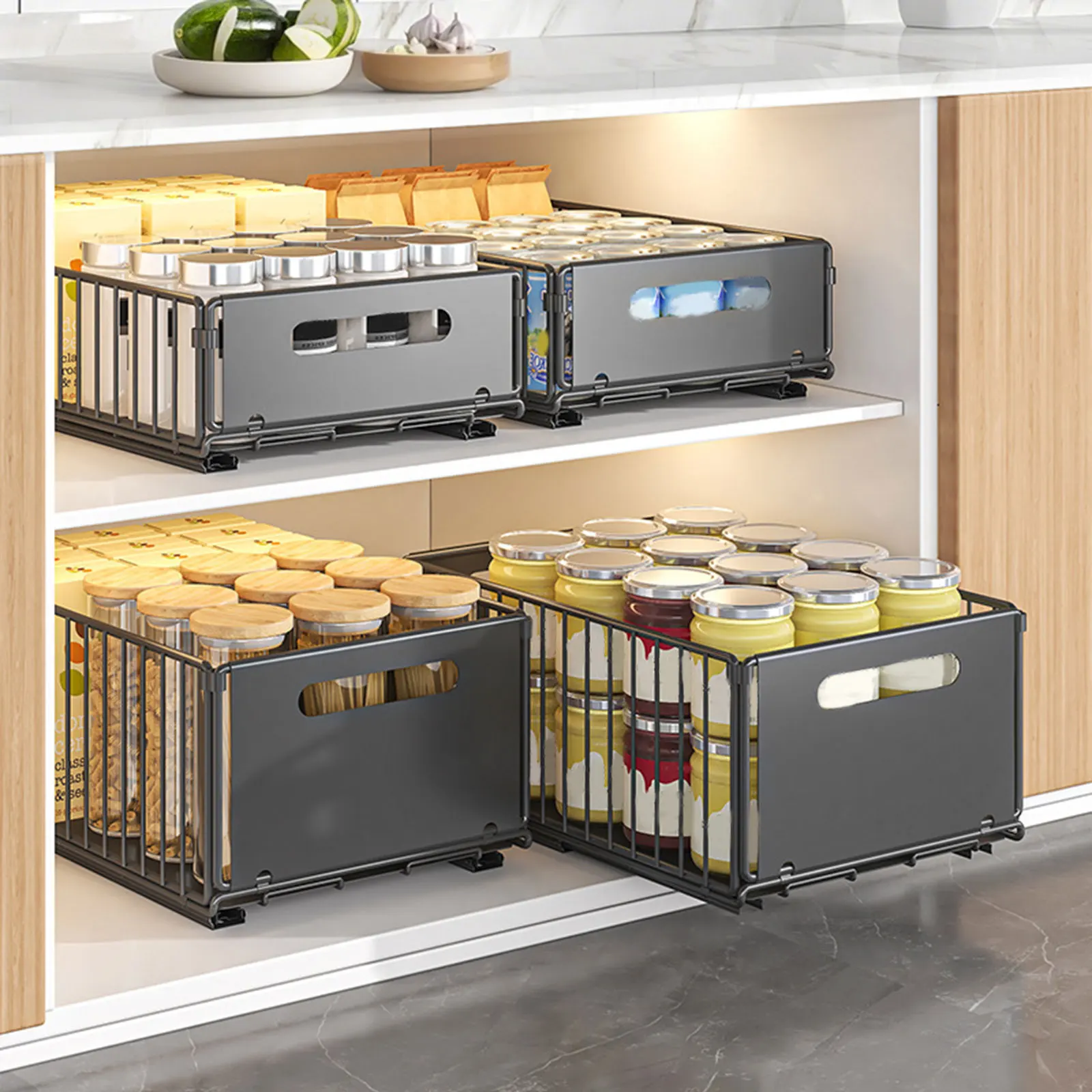 Lot de 2 étagères de rangement coulissantes pour armoire de cuisine, organisateur de cuisine avec rails coulissants, boîte à épices, étagère domestique, 2 tailles