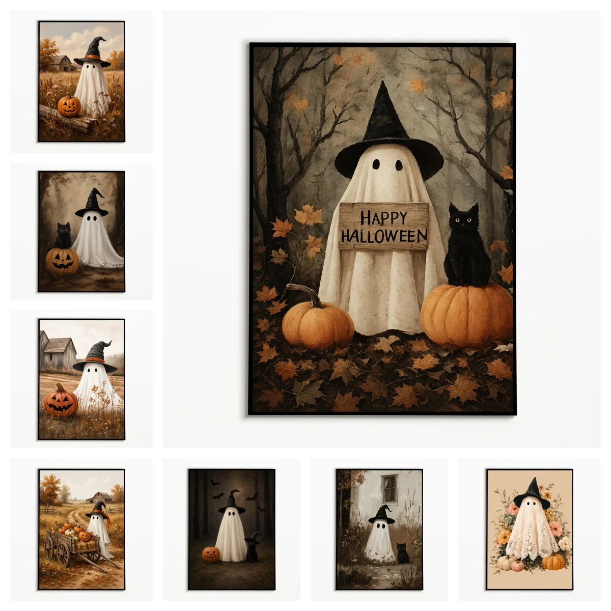 1pc frameless,1PC  Halloween Witch Hat Ghost Black Cat Pumpkin Poster  Autumn Retro Countryside Harvest Wall Art  Frameless Canv