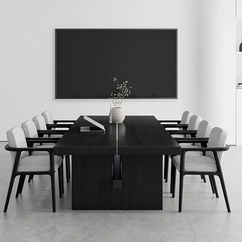 Black light luxury solid wood desk modern log computer conference minimalist long large negotiation table and chair combination