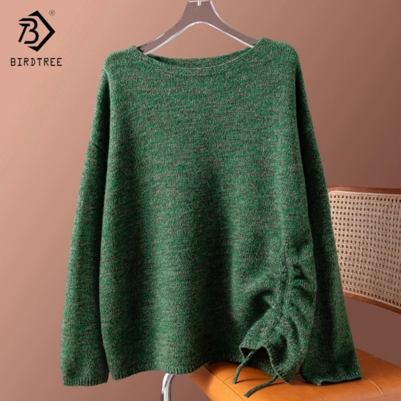 

Birdtree,100% Sheep Wool Knitted Sweater,Woman Pleats O-neck Loose Soft Tops,2025 Fall/Winter Solid Casual Pullover T5O023JF