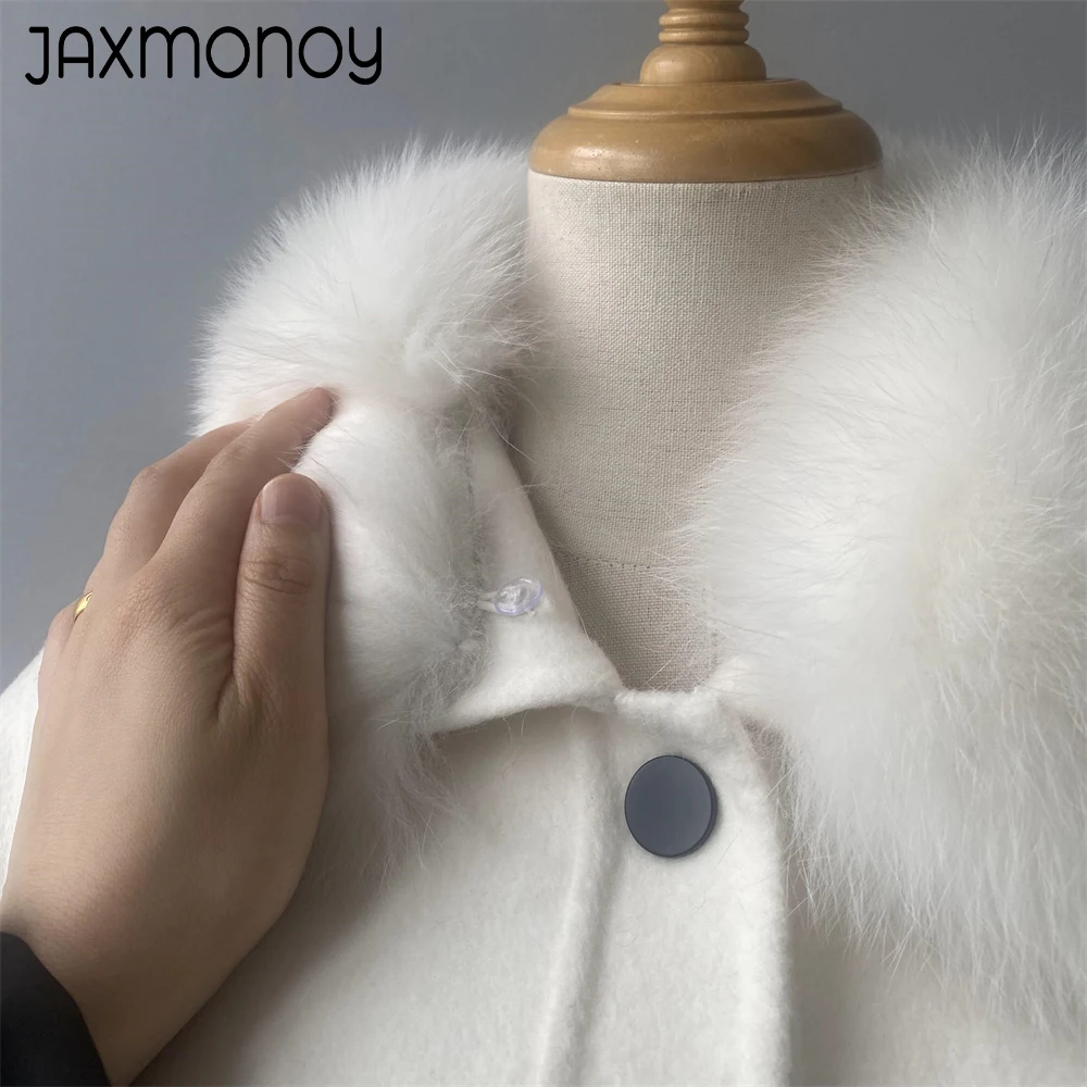 Jaxmonoy Woman Coats Spring Short Wool Jacket with Real Fur Collar Ladies Autumn Winter Fashion Warm Overcoat Female New Arrival