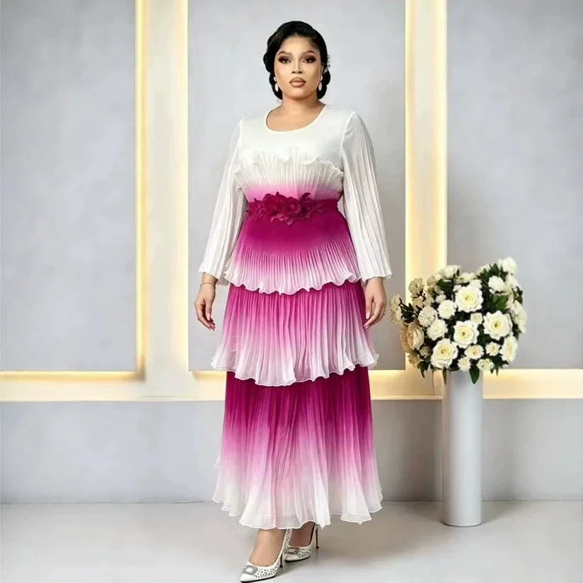 Miyake High-end Pleated Dress New Fungus Edge Three-dimensional Flower Decorative Printing Gradual Change Light Luxury Dress