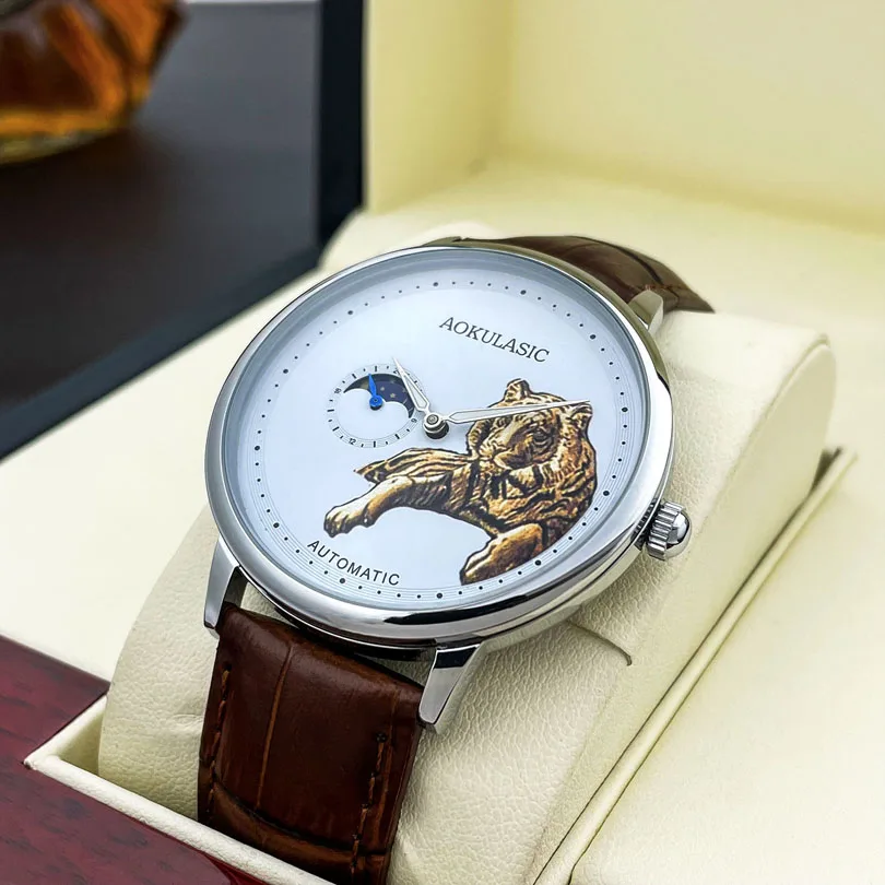 Tiger Watches Mens Automatic Mechanical Wristwatches Moon Phase Luminous Hands Leather Luxury Male Clock 2022 Relogio Masculino