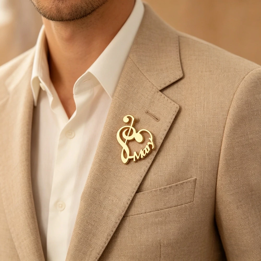 Custom Name Music Note Brooch Stainless Steel Jewelry Personalized Treble Clef Bass Clef Nameplate Musician Pins Women Men - Detail 1