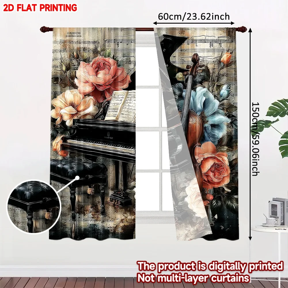 2pcs Piano Violin Music Curtains  Romantic Sheet Music with Roses Blossoms on Vintage Paper for Artistic Living Room