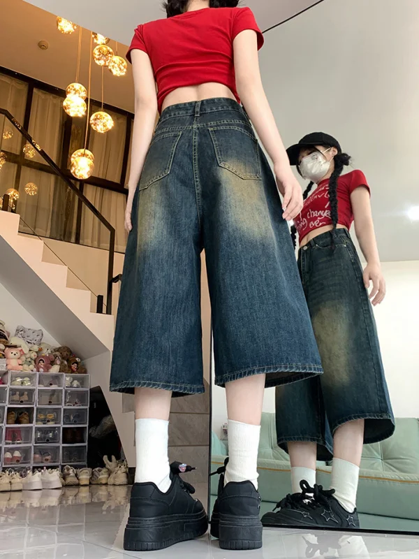 American Retro High Waist Wide Leg Jeans Women's Mid-Length Summer New Loose Straight Short Pants Breathable Comfortable Wear...