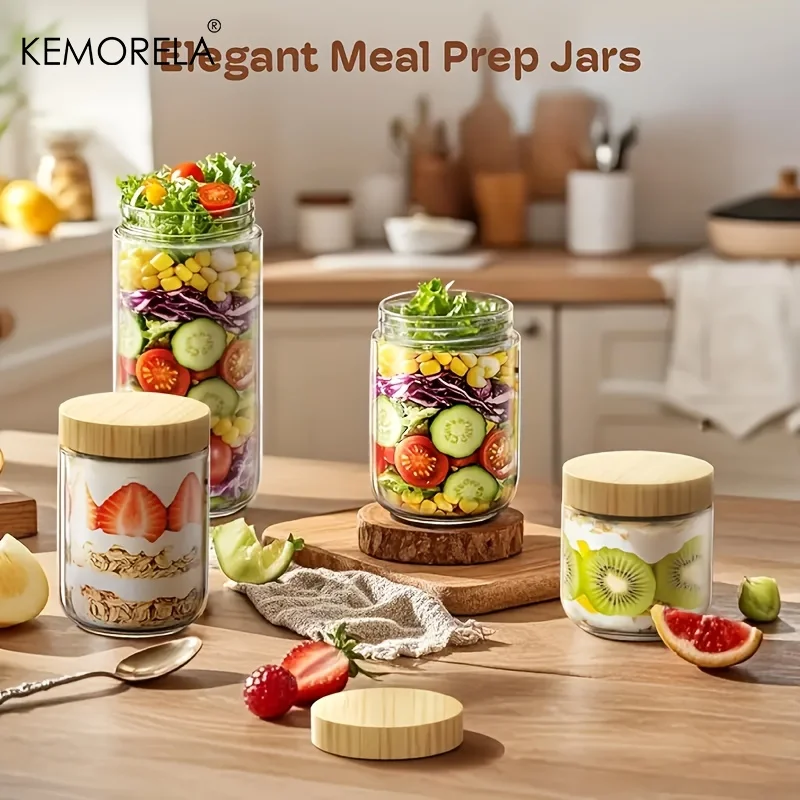 2/4PCS Food Storage with Lid 1 Sticker And 1 Pen Nighttime Oatmeal Containers Glass Food Storage Jars for Yogurt Chia Seed Snack