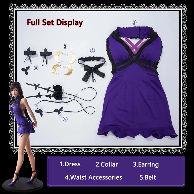 أزياء تيفا التأثيرية فساتين أرجوانية شعر مستعار لعبة فاينل فانتسي لعب الأدوار زي أنثى لحفلات الهالوين كرنفال