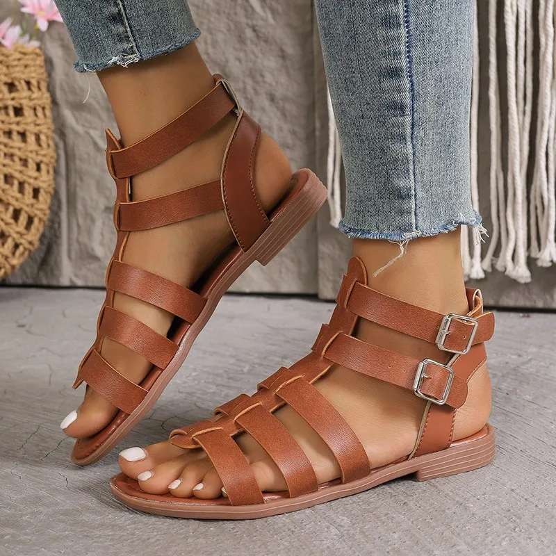 Sandalias romanas ahuecadas para mujer, zapatos de gladiador con punta abierta, cómodos, planos, para vacaciones y playa, a la moda, novedad de verano