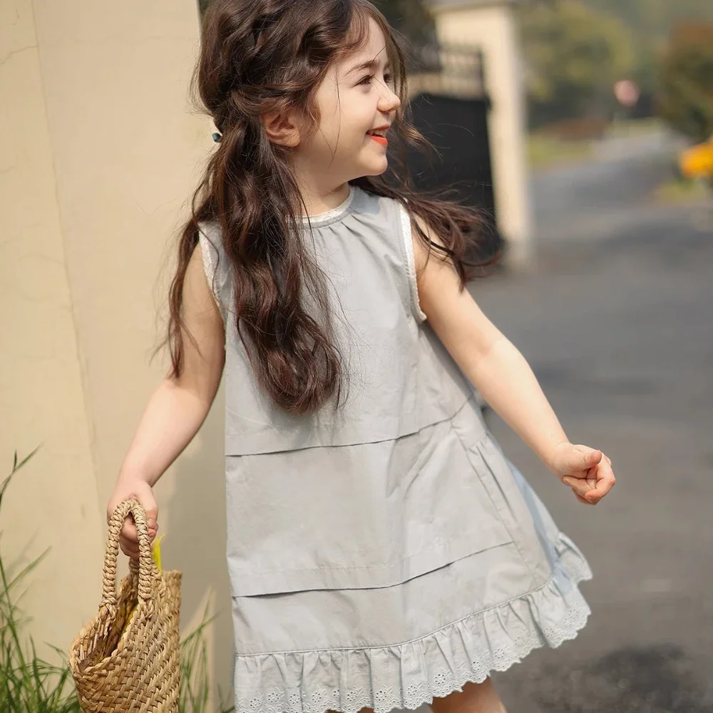 

Корейские однотонные платья для девочек Bear Leader, синее кружевное лоскутное платье принцессы без рукавов для детей 3-7 лет, детская повседневная одежда