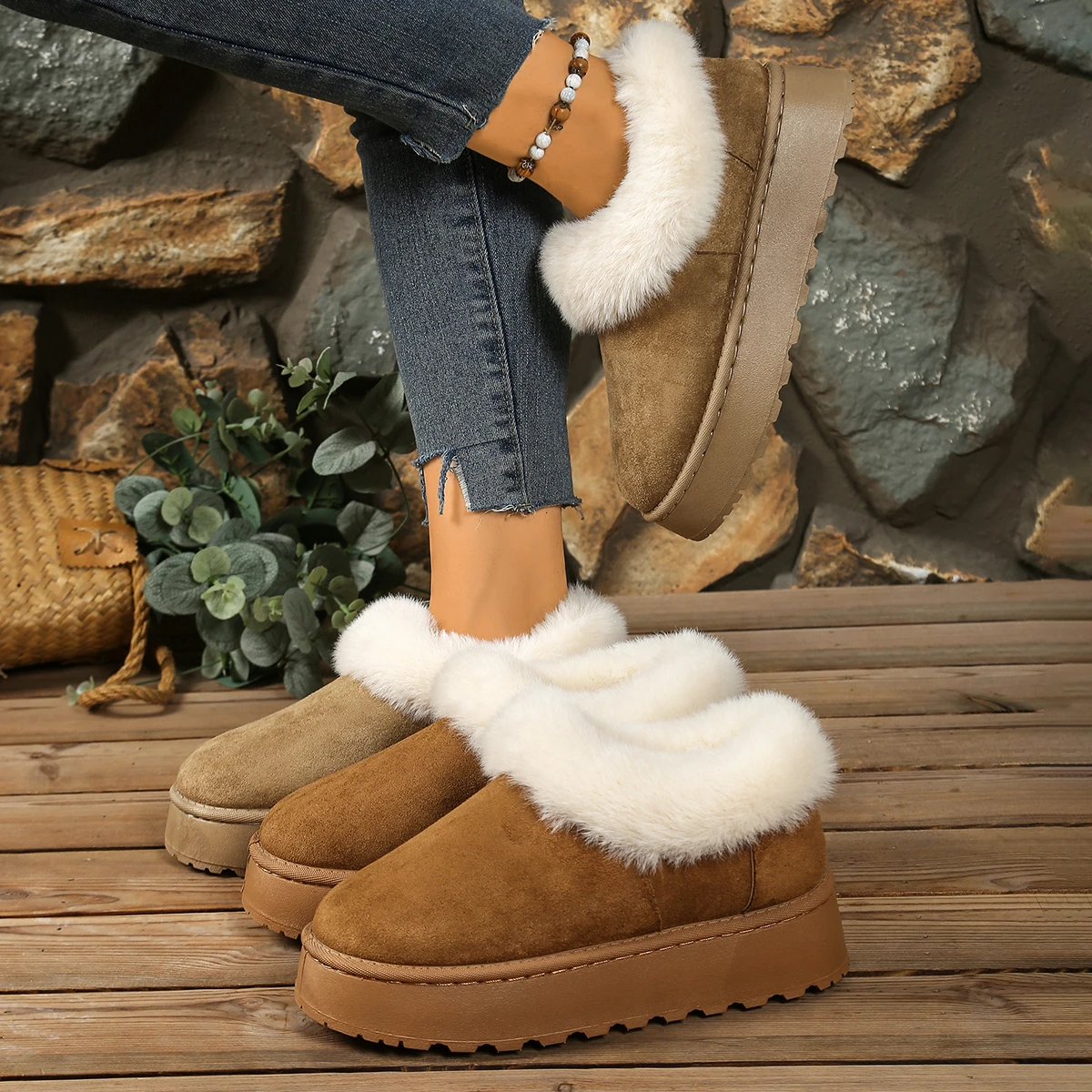 Lightweight Women Snow Boots Winter Slip-On Fleece Lined Shoes for Women High-Top Warm House Shoes Indoor Outdoor Ankle Bootie