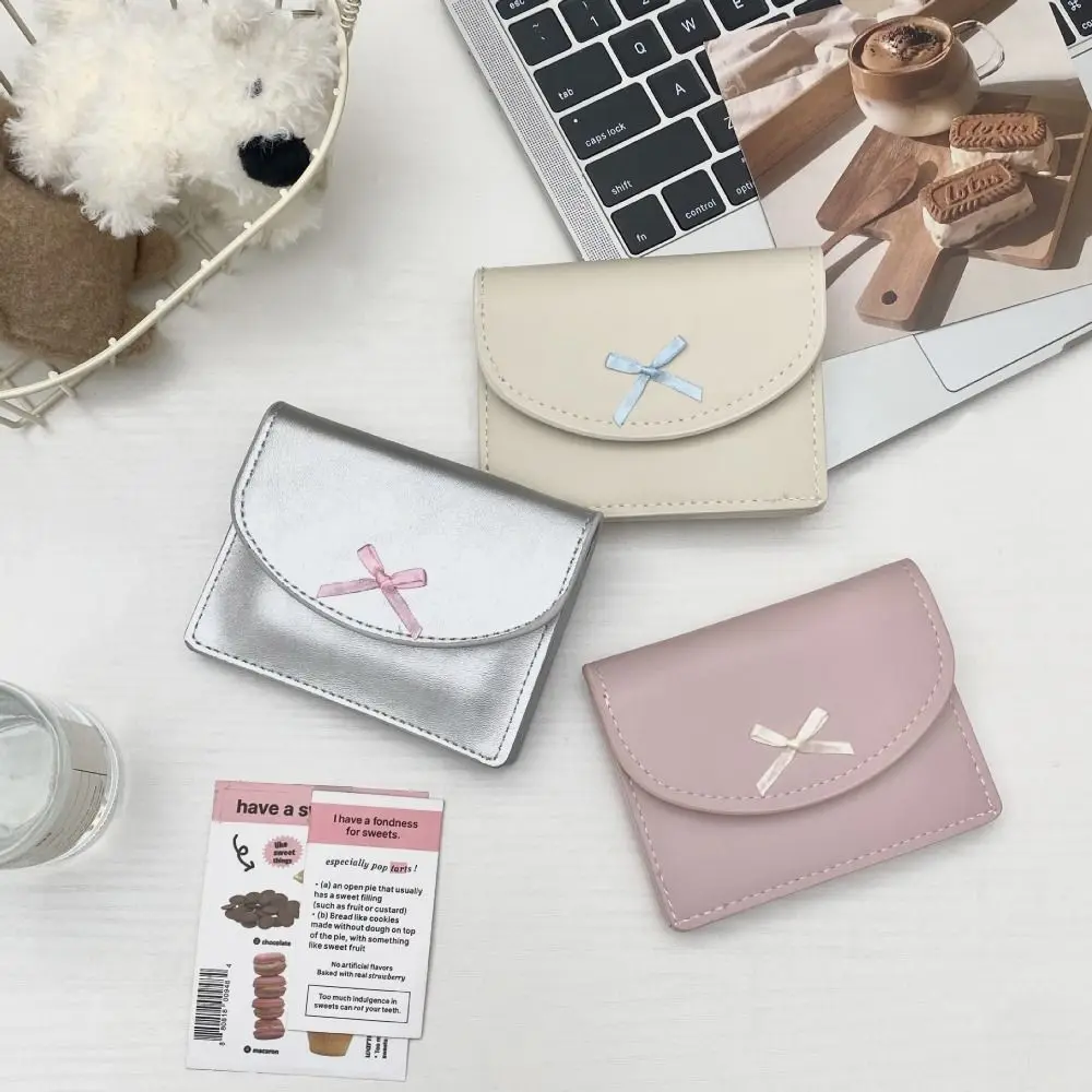 

PU Leather Bowknot Short Wallets Double Layer Card Holder Mini Cute Coin Purse Portable Large Capacity Cash Bag for Women